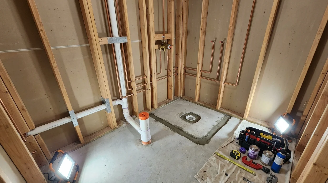 Bathroom rough-in plumbing during remodel by Johns Plumbing LLC in Castleton