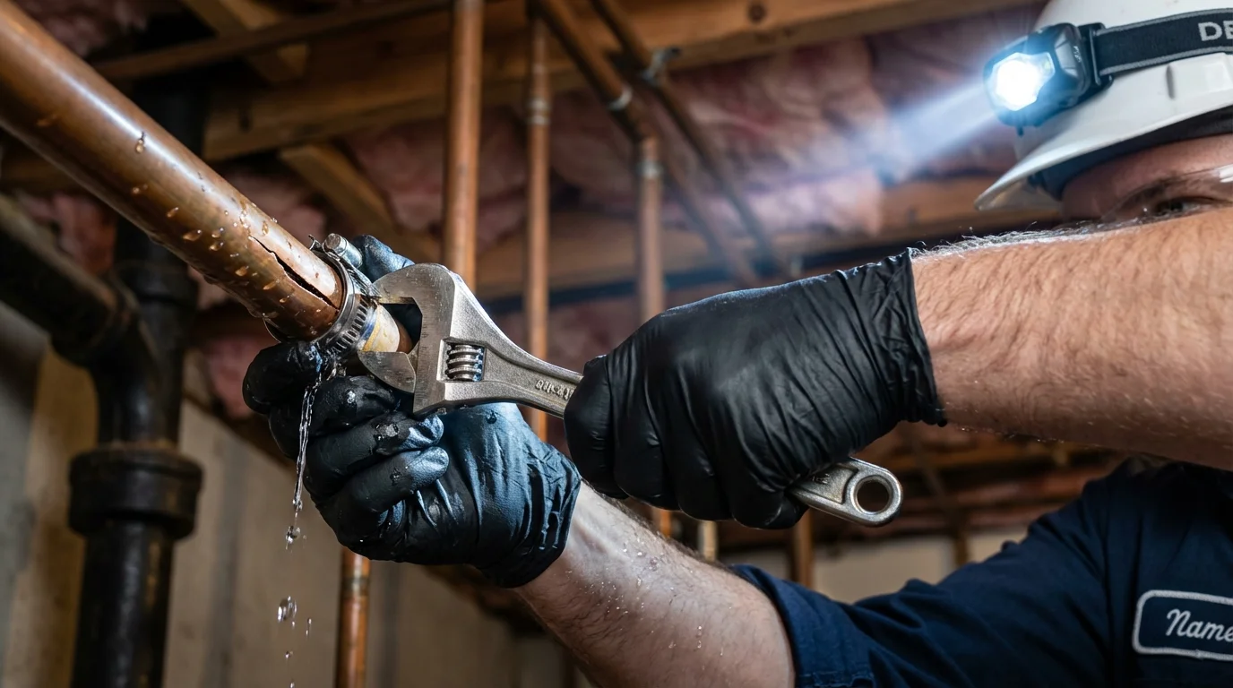Emergency pipe clamp repair being performed by a Johns Plumbing LLC plumber in Castleton