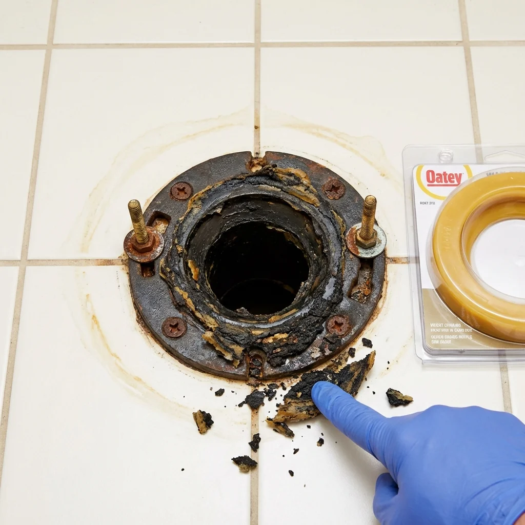 Failed wax ring showing water seepage at the base of a toilet in a Castleton, VT home