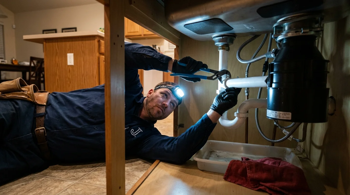 P-trap and supply line connections under a kitchen sink showing a common leak point in Castleton, VT